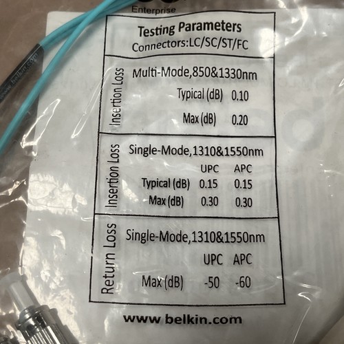 8 Each Belkin F2F402LL-01M-G Fiber Optic Cable 1M 10Gb Aqua - Afbeelding 3 van 4