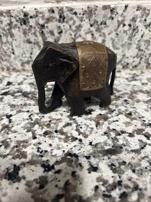 Handmade Wooden Black Elephant Figurine with Brass/Copper Color Accent