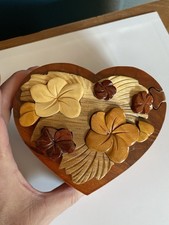 HandCrafted 3D Wood Art Heart Floral Puzzle Box w/Hidden Compartment