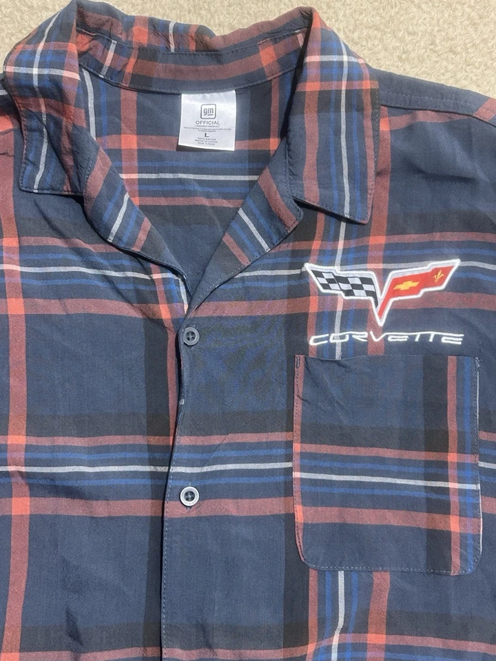 Camisa Corvette Oficial General Motors Para Hombre Grande Azul A Cuadros Abotonada Informal Foto 2 de 4