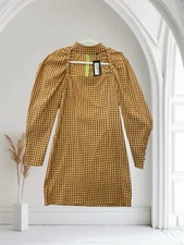 Nasty Gal Women’s Gingham Long Puff Sleeve Mini Dress Size 6 NWT