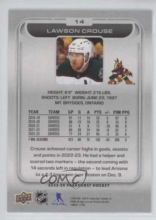 2023-24 Upper Deck Parkhurst Gold Foil Lawson Crouse #14 - Image 2 of 2