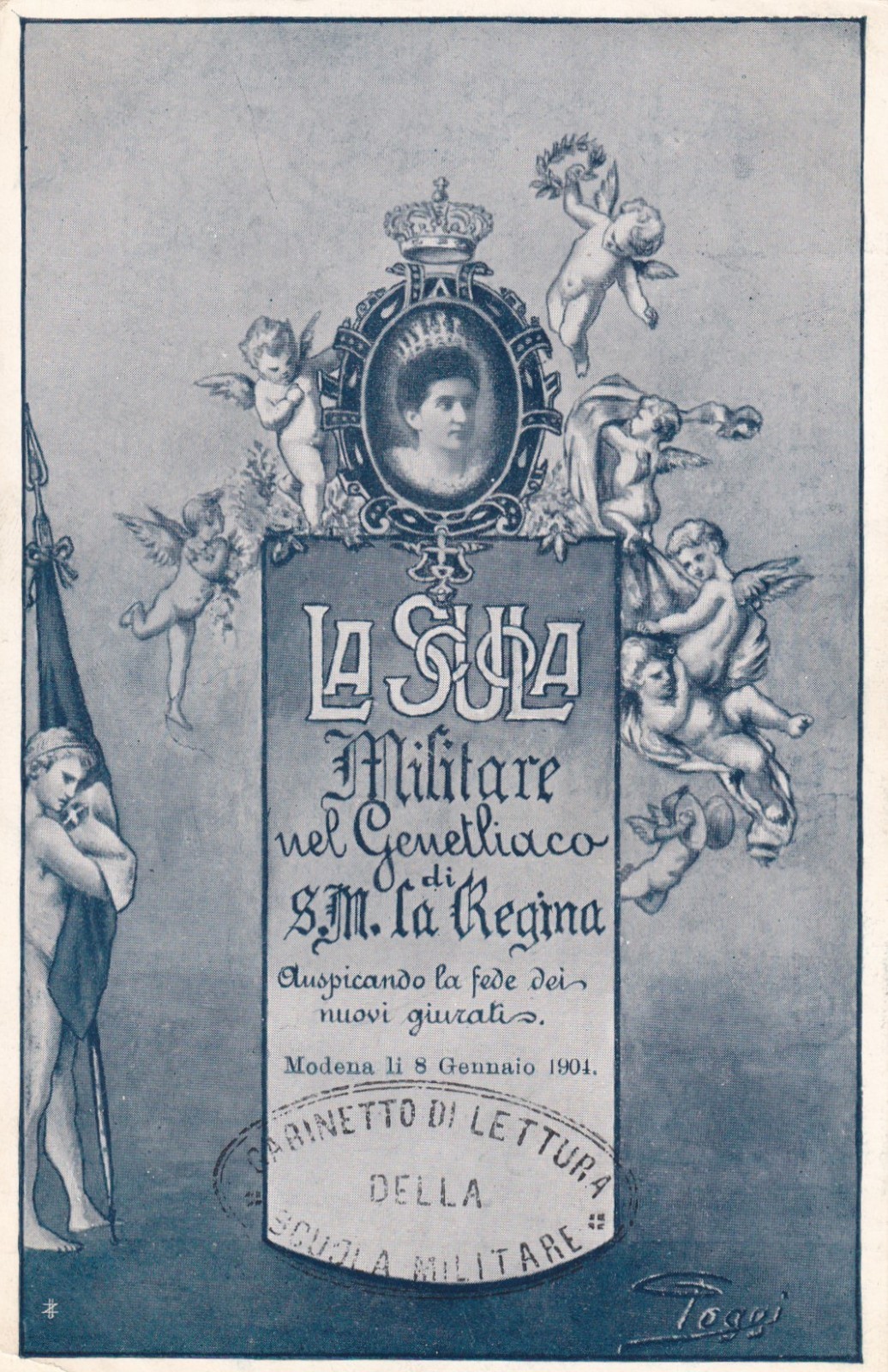CARTOLINA MILITARE ,LA SCUOLA MILITARE NEL GENETLIACO - MODENA - 1904