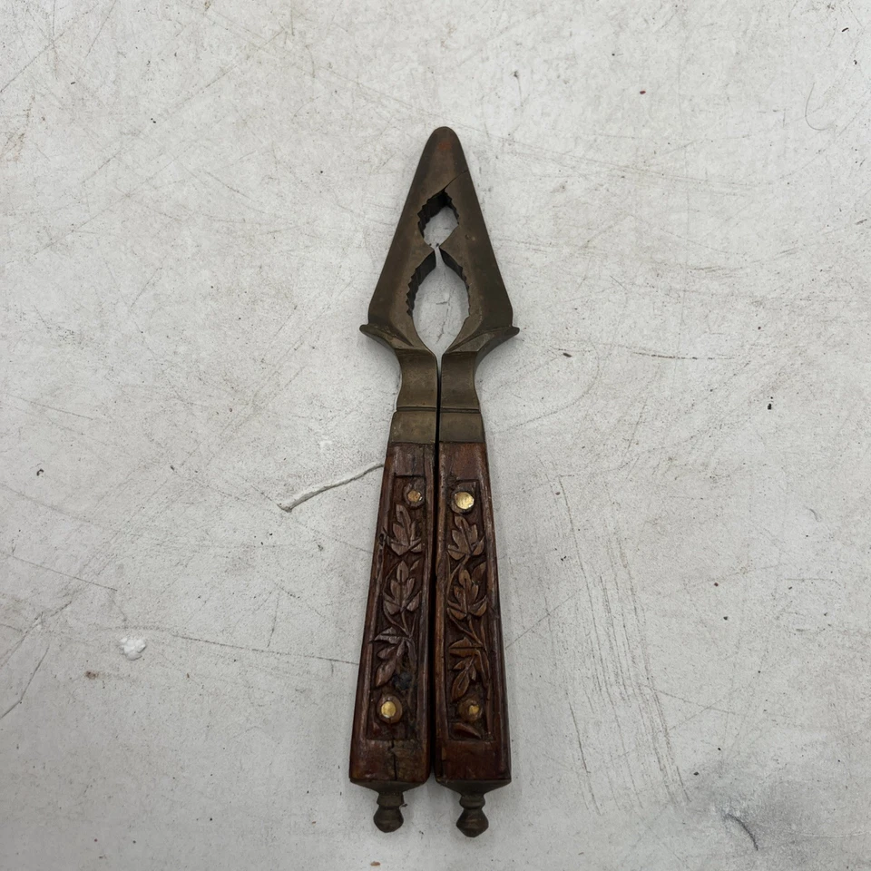 Vintage MCM Kashmiri Brass Nut Cracker With Carved Wooden Handle - Image 3 of 4