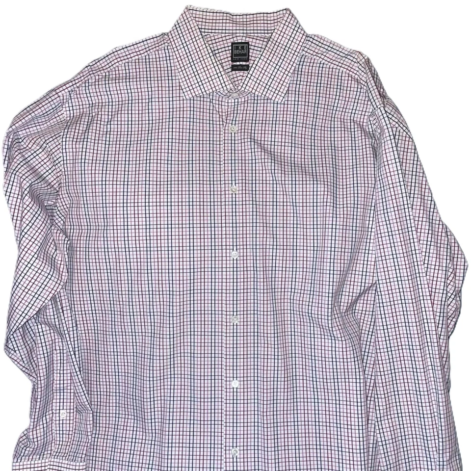 Ike Behar Men’s Purple White Cotton Plaid Shirt Long Sleeve Size 18x37 - Image 2 of 4