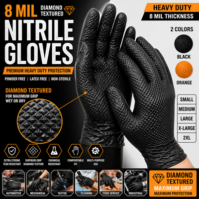 #ad 8 Mil Diamond Textured Nitrile Gloves Black Orange Heavy Duty Latex Free S 2XL $129.99