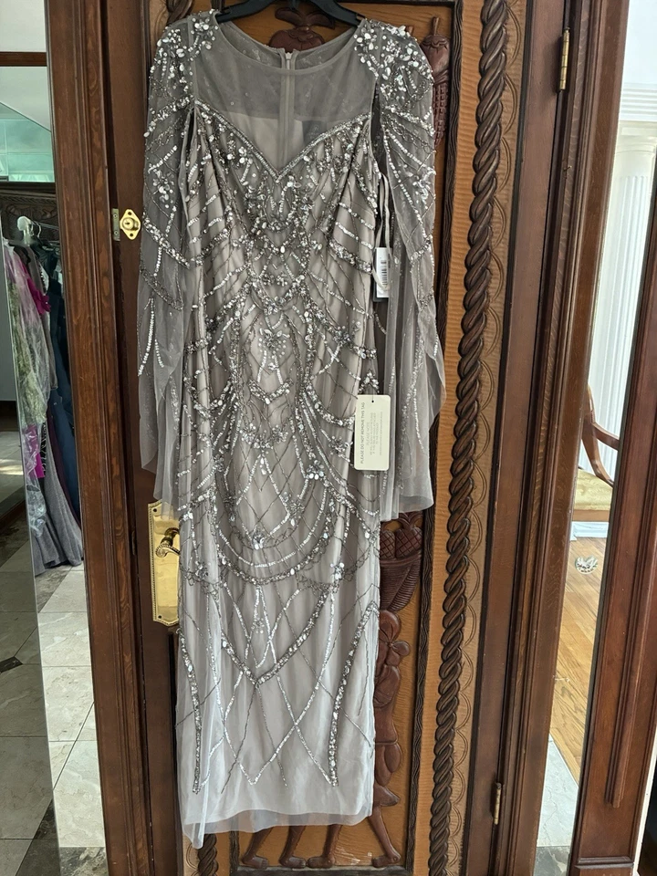 Adrianna Papell Illusion Beaded Cape Gown Silver Platinum sz 6 Modest $450 - Image 2 of 4
