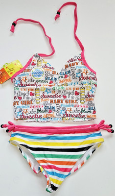 Penelope Mack Big Girl's 7  Stripe Pink   2 Pc Tankini Bikini Swimsuit Padded