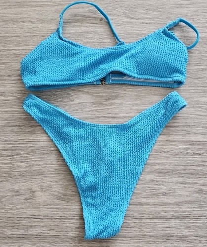 Shein Women 2 Piece Bikini Blue Medium Crinkle Padded High Leg NWOT NB603