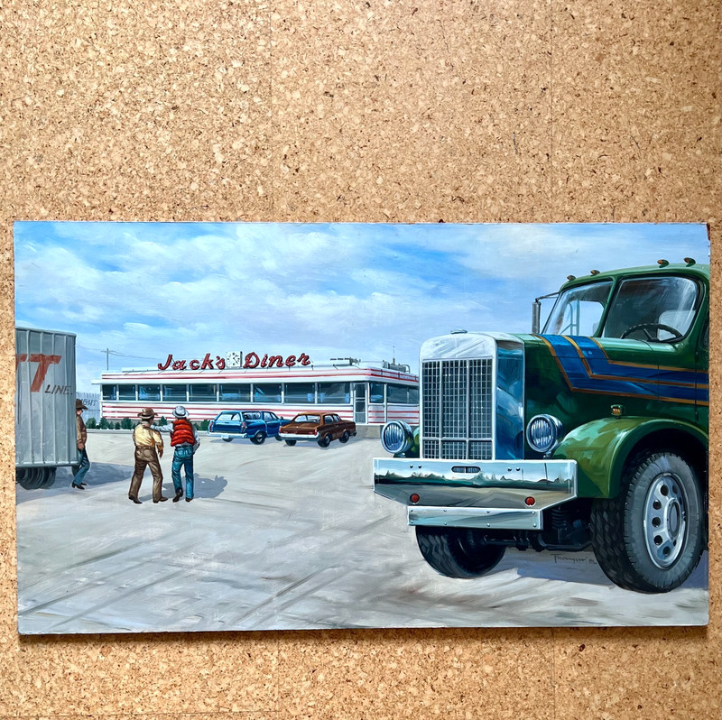 82' Original JACK'S DINER TRUCK STOP AMERICANA OIL PAINTING signed JOHN THONGNOI