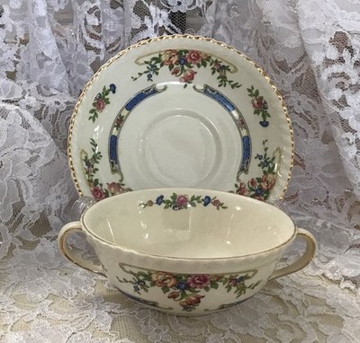 Johnson Bros Victorian Old English Floral  Cream Soup Cup Two Handle & Saucer