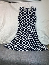 NEW Tahari Arthur Levine Sleeveless Lined Dress Sz 10 Navy Blue White Polka Dot