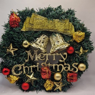 Weihnachtskranz 30cm Merry Christmas mit Glocken Deko Türkranz Gold Rot Grün Neu