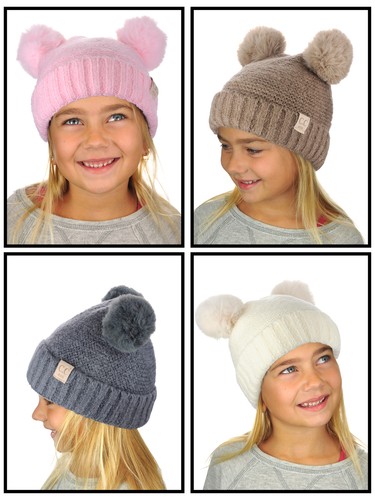 C.C Kids' Cable Knit Soft Single or Double Pom Fuzzy Lined Cuff CC Beanie - Picture 31 of 87