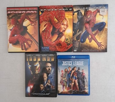 DVDs And Blu-ray Lot Of Five. Spider-Man 1 2 3, Iron Man, Justice League #6.2.31