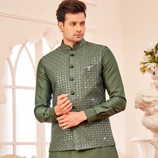 3 Pc Mens Designer Wedding Ethnic Wear Traditional Kurta Pyjama Jacket Set India