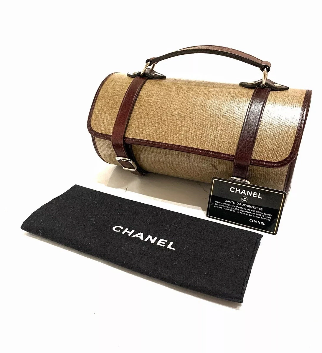 CHANEL VTG Classic Tan Beige Brown Leather Trim Mini Barrel Doctor s Hand Bag