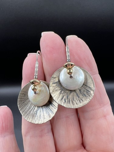Sterling Silver J. Barnes Modernistic Style, Pearl Disc Pierced Earrings - Picture 2 of 9