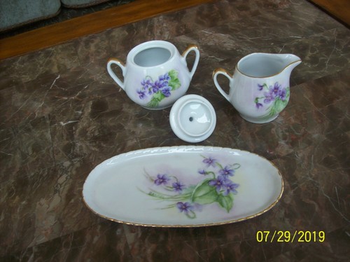 Creamer & Sugar Bowl Serving Platter Porcelain Violet Floral Handpainted Signed - Picture 7 of 10