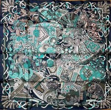 Hermes Scarf Stole Au fil du Carre Black Annie Faivre Silk Woman Auth New 90 cm