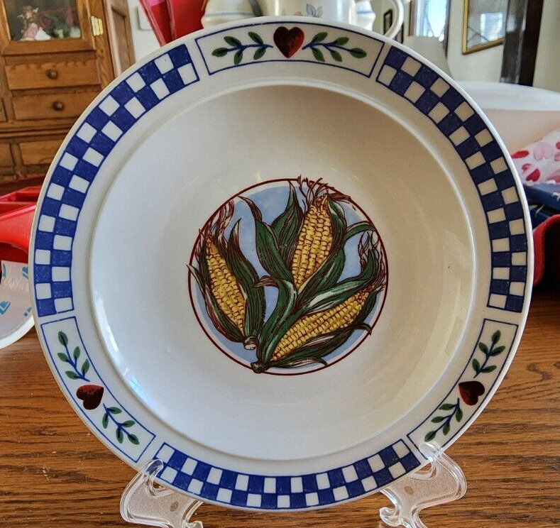 Corn on the Cob Bread Dessert Plates (pair) 6" Gibson Stoneware White Blue !