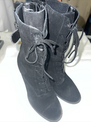 Me Too Womens Black Suede Zipper Round Toe Mid Calf Lace Up