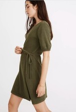 Madewell Olive Puff Sleeve Tie Waist Wrap Mini Dress