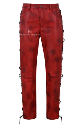 Herren Biker Lederhose schmutzig rot geschnürt Motorrad Style 100% Lammleder 00126