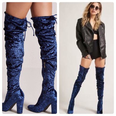 blue crushed velvet boots