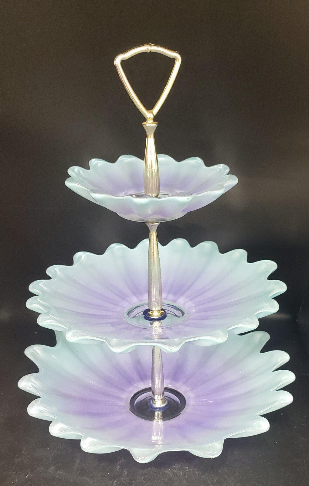 Bandeja de cosiones vintage con soporte para cupcakes festoneado de 3 niveles verde azulado púrpura