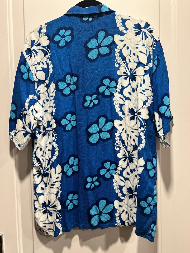 Camisa Hawaiana Vintage Onda Azul Blanco Azul Aqua Flores Talla Grande Foto 2 de 4