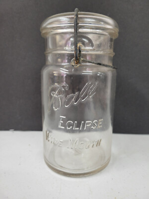 Vintage Ball ECLIPSE clear glass quart canning jars wide mouth bail & glass lid