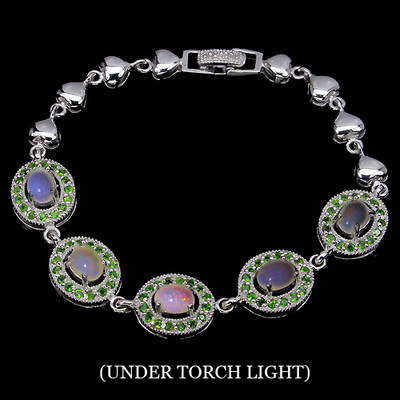 ECHT HEISSER REGENBOGEN FEUEROPAL, GRÜN CHROMDIOPSID 925 SILBER HERZ GLIEDERARMBAND