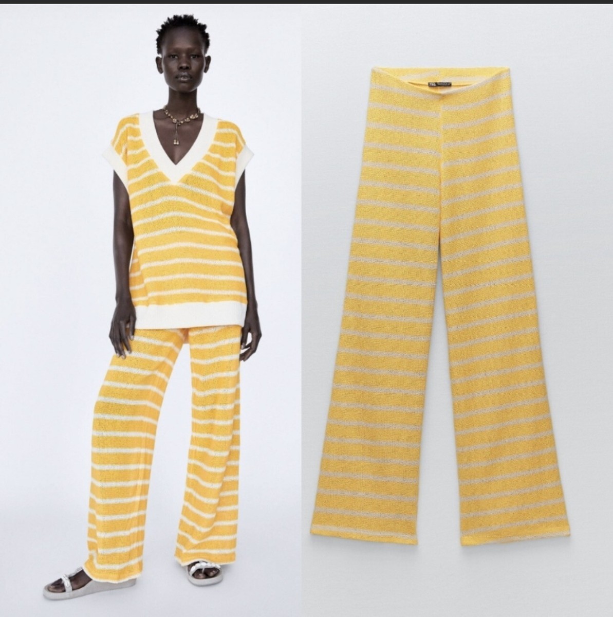 zara white yellow striped knit wide leg pant top set size small