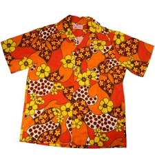 True Vintage Sears Hawaiian Fashions Mens Large Bark Cloth Floral Shirt Orange
