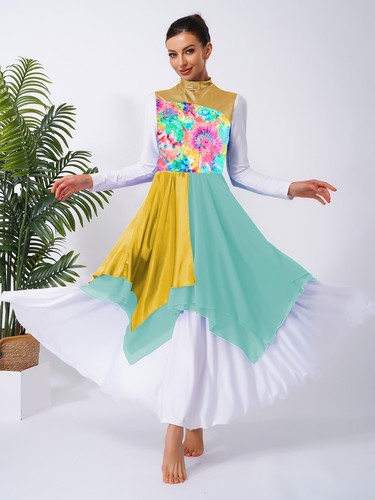Womens Worship Praise Dance Costume Print Color Block Irregular Dress Dancewear - Picture 21 of 78