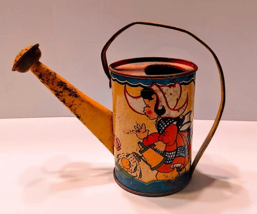 Vintage Ohio Art Tin Litho Watering Can Dutch Boy Girl 1950s Toy Decor