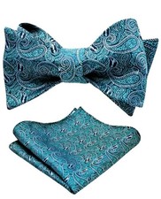 Men's Bow Tie Turquoise Paisley With Matching Handkerchief Self Tie