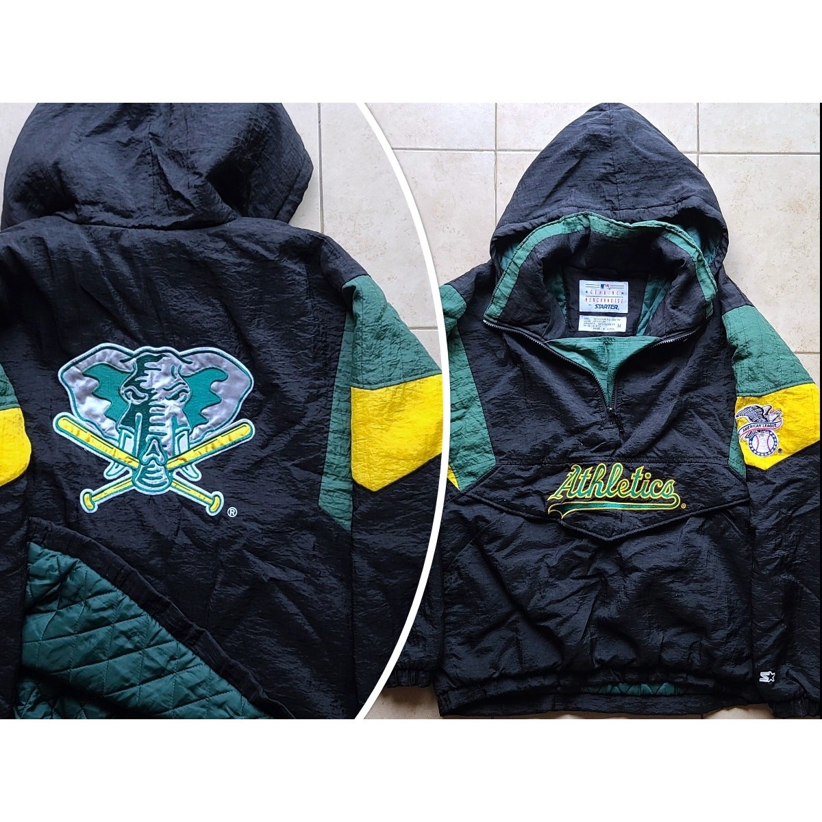 Oakland A's 90s STARTER puffer 1/2 Pullover ELEPHANT jacket M blk