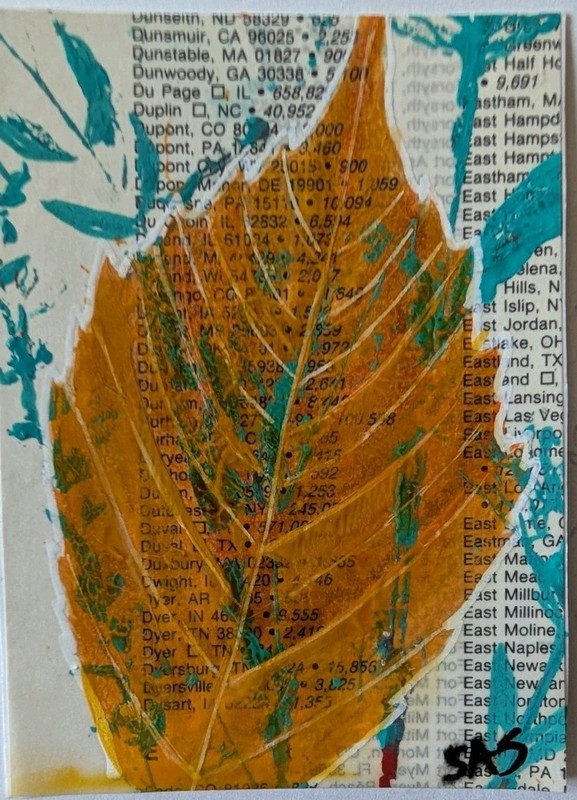ACEO Art Card Original, Plant Pressing , Acrylic, Atlas, Outsider Art , Brut Art