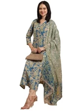 GoSriKi Women's Rayon Blend Printed Straight Kurta with Pant & Dupatta