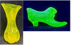 Vasoline UV Reactive Fenton Shoe & MCM Hand Blown Yellow Speckle Art Glass Vase