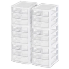 Sterilite ClearView Plastic Small 3 Drawer Desktop Storage Unit, White, 6 Pack