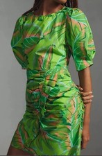 FARM RIO Anthro Puff-Sleeve Mini Dress Ruffle Tropical Floral Green Cotton sz S