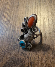 Vintage Navajo Sterling Silver Turqoise Coral Ring. See Description.