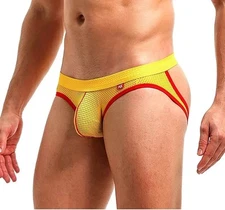 NWT Brand New Wang Jiang Yellow Mesh Red Trim Men Jockstrap Underwear Fits L/XL