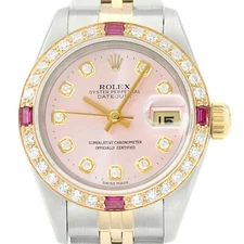 Rolex Ladies Datejust 69173 18K Gold & SS Two Tone Diamond Ruby Pink Dial Watch
