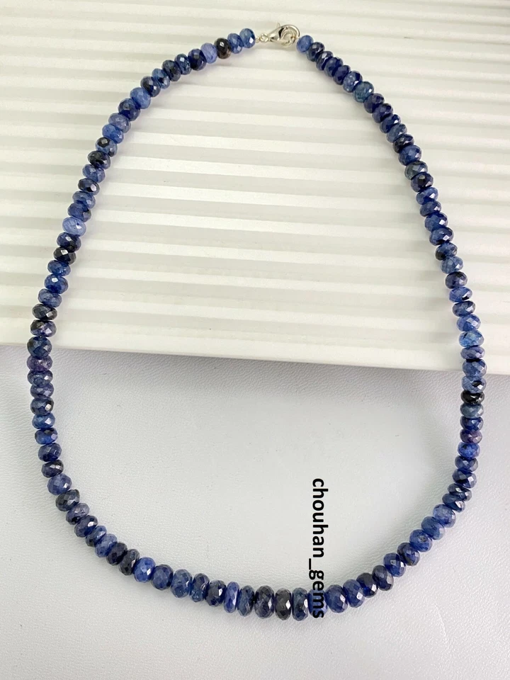 Collana in argento sterling 925 zaffiro blu pietre preziose perline rondelle ... - Immagine 3 di 4