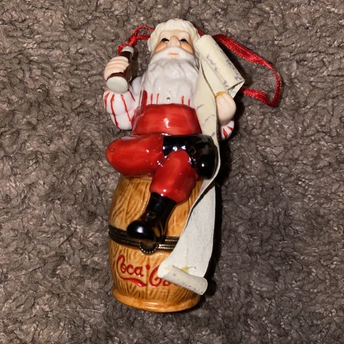 Vintage Coca Cola Wish List Porcelain Hinged Trinket Box Ornament Santa Figure!