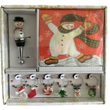 LSArts Holiday Snowman Hostess Set Wine Stopper Charms Napkins Christmas